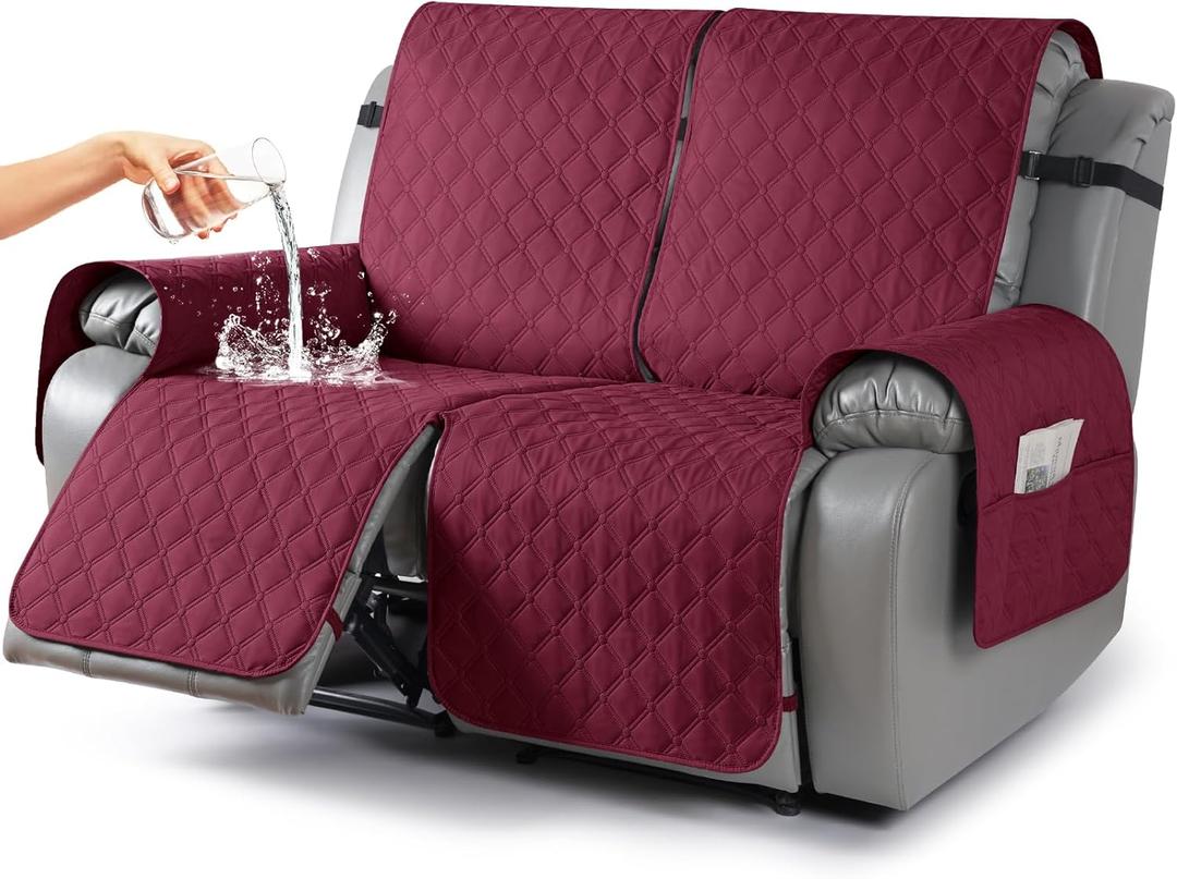 TAOCOCO 100% Waterproof Recliner Covers, Recliner Sofa Covers with Leg Straps, Reversible Recliner Couch Cover for Reclining Chair, Washable Couch Protector for Pets Kids(2 Seater, Wine)