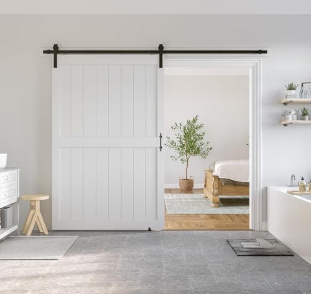 SmartStandard 54 x 96 inch White Sliding MDF Barn Door with 9FT Black Sliding Door Hardware Kit & Handle, Pre-Drilled Ready to Assemble, Waterproof PVC Coating, H-Frame