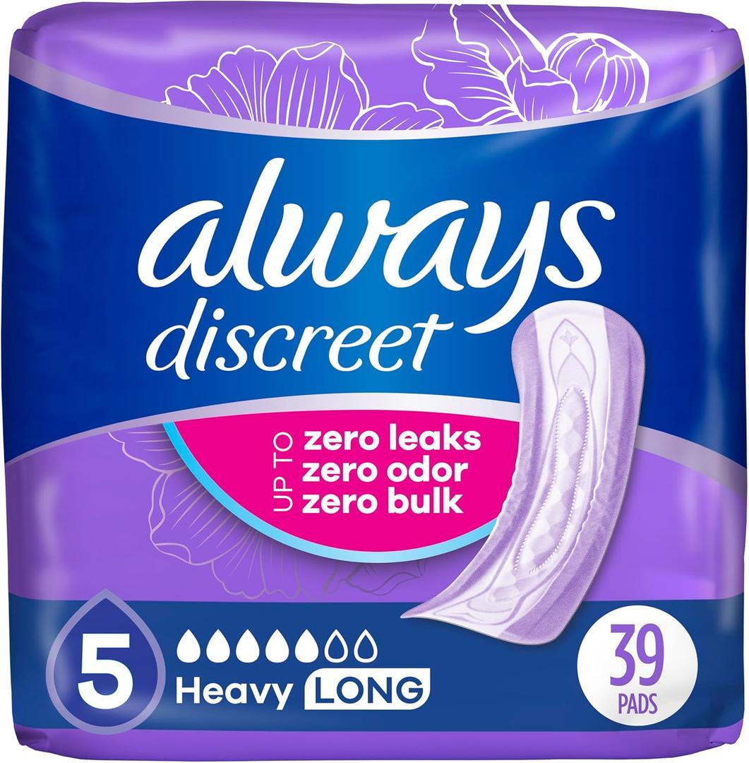 Always Discreet Adult Incontinence Pads for Women, Drier, 5 Drop Long Length, Heavy Absorbency, Pads for Bladder Control Management, Bladder Leaks, & Postpartum Pads, 39ct