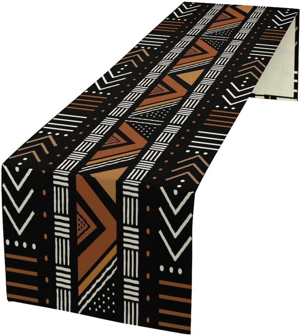 African Geometric Tribal Table Runner Vintage Abstract African Traditional Mud Cloth Pattern Seasonal Summer Holiday Dinner Runner for Farmhouse Kitchen Dinner Table Holiday Party Decor 13"x60"