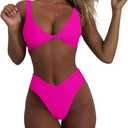 geluboao Bikini Set for Women Solid V Neck Knot Front Push Up High Leg Thong Two Piece Swimsuit (Large, Rose)