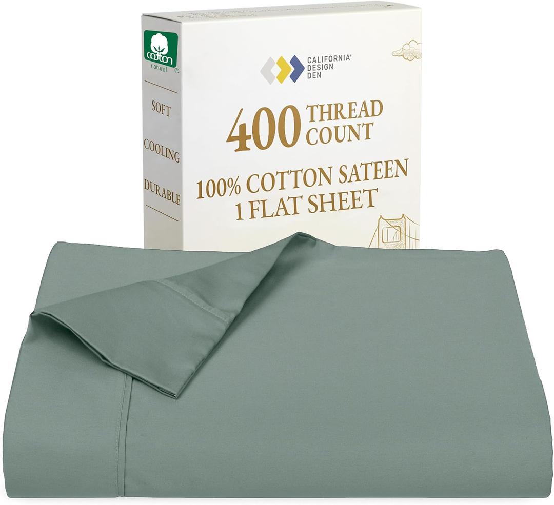 California Design Den Queen Size Flat Sheet Only - Soft 400 Thread Count Sateen, Natural 100% Cotton Queen Flat Sheet, Breathable, Durable and - Sage Green