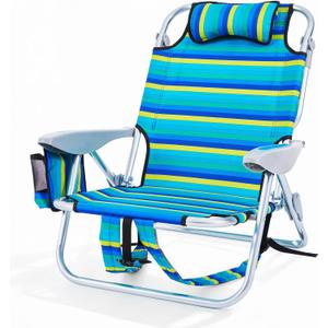 Portable Beach Chair for Adults, Outdoor Lightweight Camping Chair Lay Flat Folding Backpack Beach Reclining Chair with 5 Positions, Headrest, Zipper Pouch, Cup Holder, NEW Striped, 22 inches x 21 inches x 31 inches