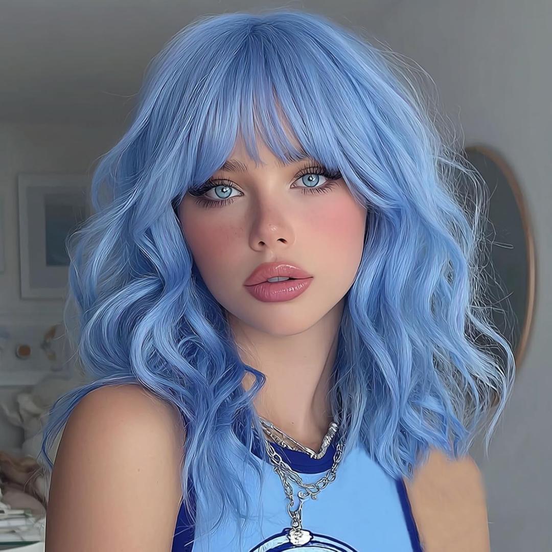 Blue Wig for Women Light Blue Short Bob Wigs with Bangs 14 Inch Loose Wavy Wig Synthetic Blue Purple Highlight Wigs Curly Cosplay Wig Shoulder Length Colorful Wigs for Girl Daily Party Costume Wigs