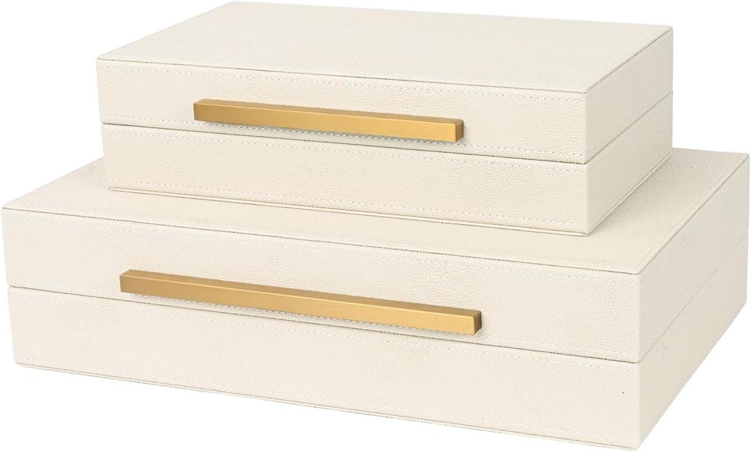 Beige Shagreen Decorative Storage Boxes  Set of 2 Faux Leather Jewelry & Memory Boxes with Gold Metal Handles, Nesting Photo Organizers for Home Decor, Gift, and Office Organization