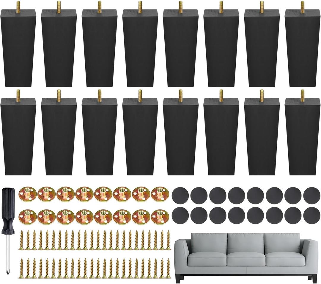 TURSTIN Set of 16 Black 6 Inch Square Solid Wood Furniture Legs Wooden Replacement Feet for Sofa, Couch, Chair, Bed, Cabinet, Table, Includes Screws, Iron Washers, Felt Pads & Screwdriver