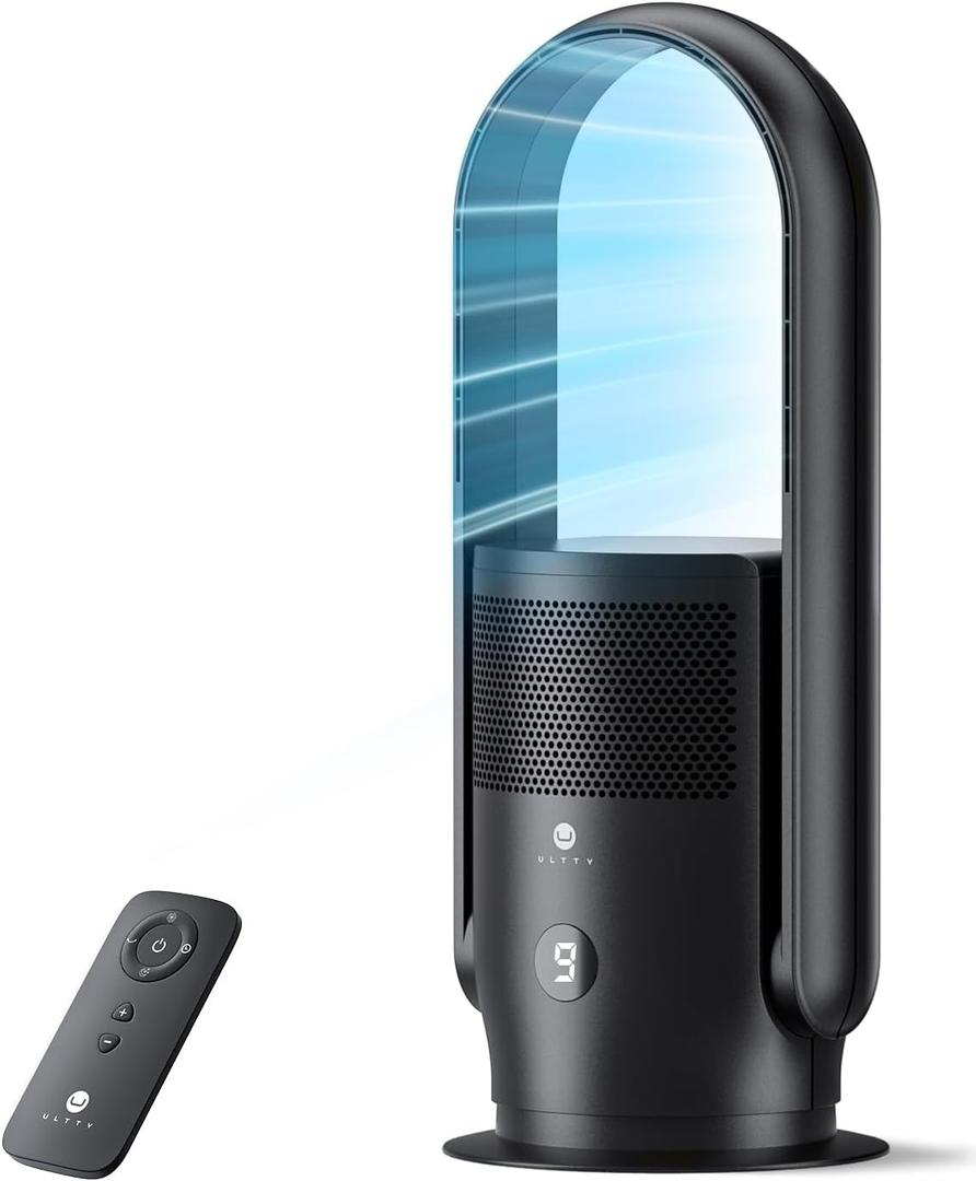 U ULTTY Bladeless Tower Fan and Air Purifier in one, Quiet Tower Fan with Remote, Touch, 9 Speeds, 8H Timer, HEPA Filter 99.97%, 90¬∞ Oscillation Fans, Floor Fans Powerful for Home Office Room, Black