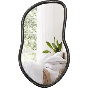 Asymmetrical Wood Mirror Irregular Wall Mirror Large Bathroom Mirror for Over Sink Rustic Black Wall Mounted Mirror for Living Room Bedroom Entryway Hallway