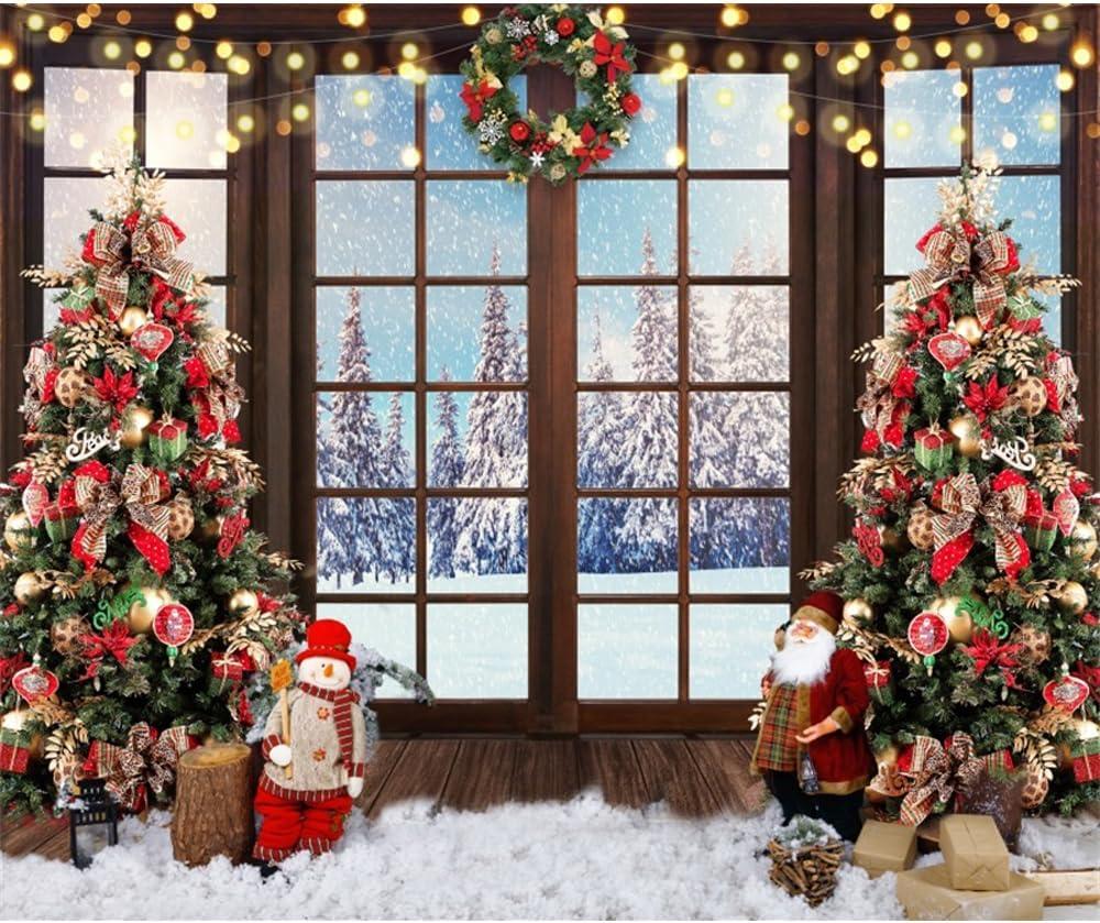 DASHAN 10x8ft Christmas Tree Window Backdrop Winter Snow View Photo Background for Christmas Santa Claus Snowman Backdrop Banner Photography Studio Props Christmas Tapestry