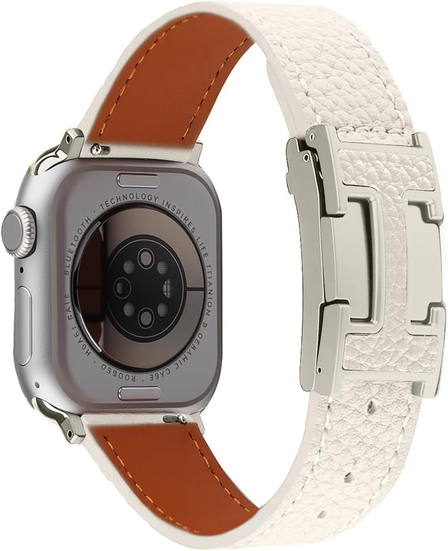 Leather Magnetic Bands Compatible with Apple Watch 11/10/9/8/7/6/5/4/3/2/1/SE/SE2/Ultra, Women Men Wristbands for iWatch 49mm/46mm/45mm/44mm/42mm/41mm/40mm/38mm (Beige+ Starlight Buckle)