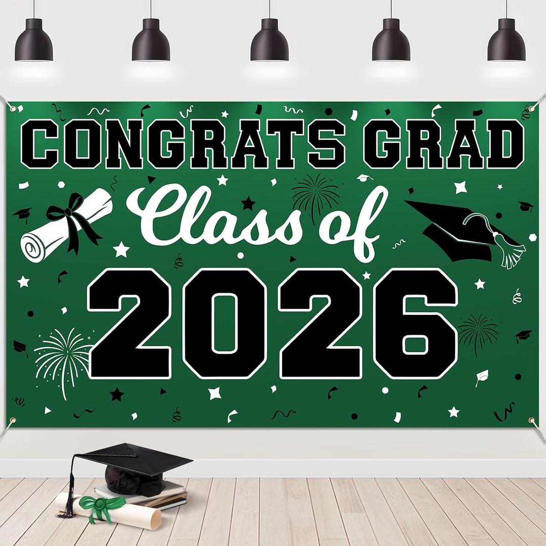 2026 Graduation Backdrop Banner, Congrats Grad Banner Class of 2026 Green Graduate Backdrop for Graduation Party Decorations (Green Black)
