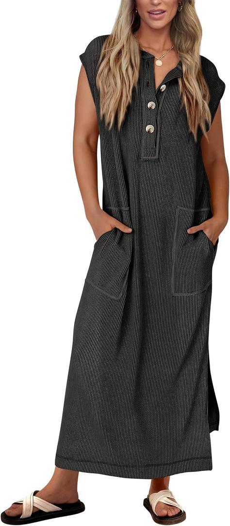 KIRUNDO Womens Summer Dresses 2026 Spring Ribbed Knit Henley Short Sleeve Maxi Dress Button Up Loose Beach Vacation Sundress (Black, M)