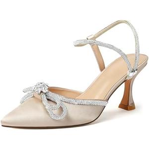 Susanny Women's Closed Toe Rhinstone Wedding Low Heel Slingback Clear Kitten Heels, Adjustable Strap Pointed Toe Bow Pumps High Heeled Prom Dress Shoes, Apricot, 43