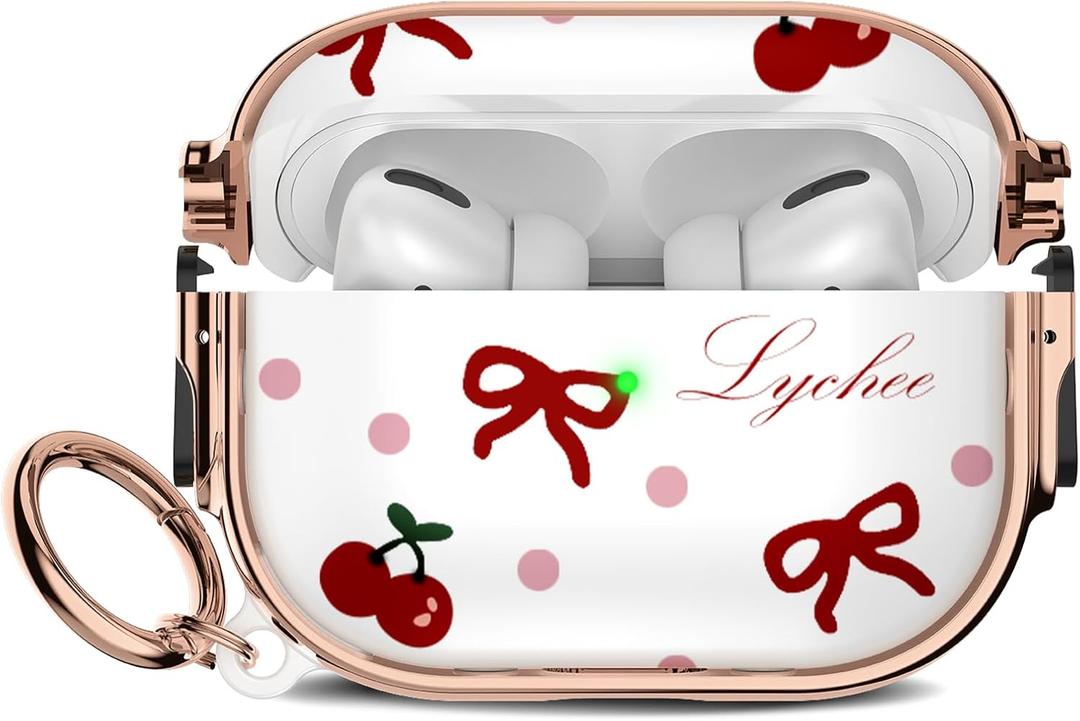 Maxjoy for Cute Airpods Pro 2 case with Safety Lock,Compatible Airpods Pro Case 2nd/1st Gen,Compatible Red Bow Cherry AirPods Case Cover for Women Girly with Keychain-Transparent
