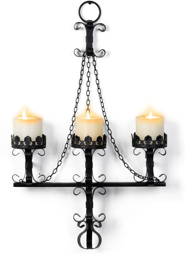 Black Wall Candle Sconces,3 Iron Candelabra,Gothic Victorian Decor,Rustic Wall Candle Holder for Bathroom,Living Room,Dining Room