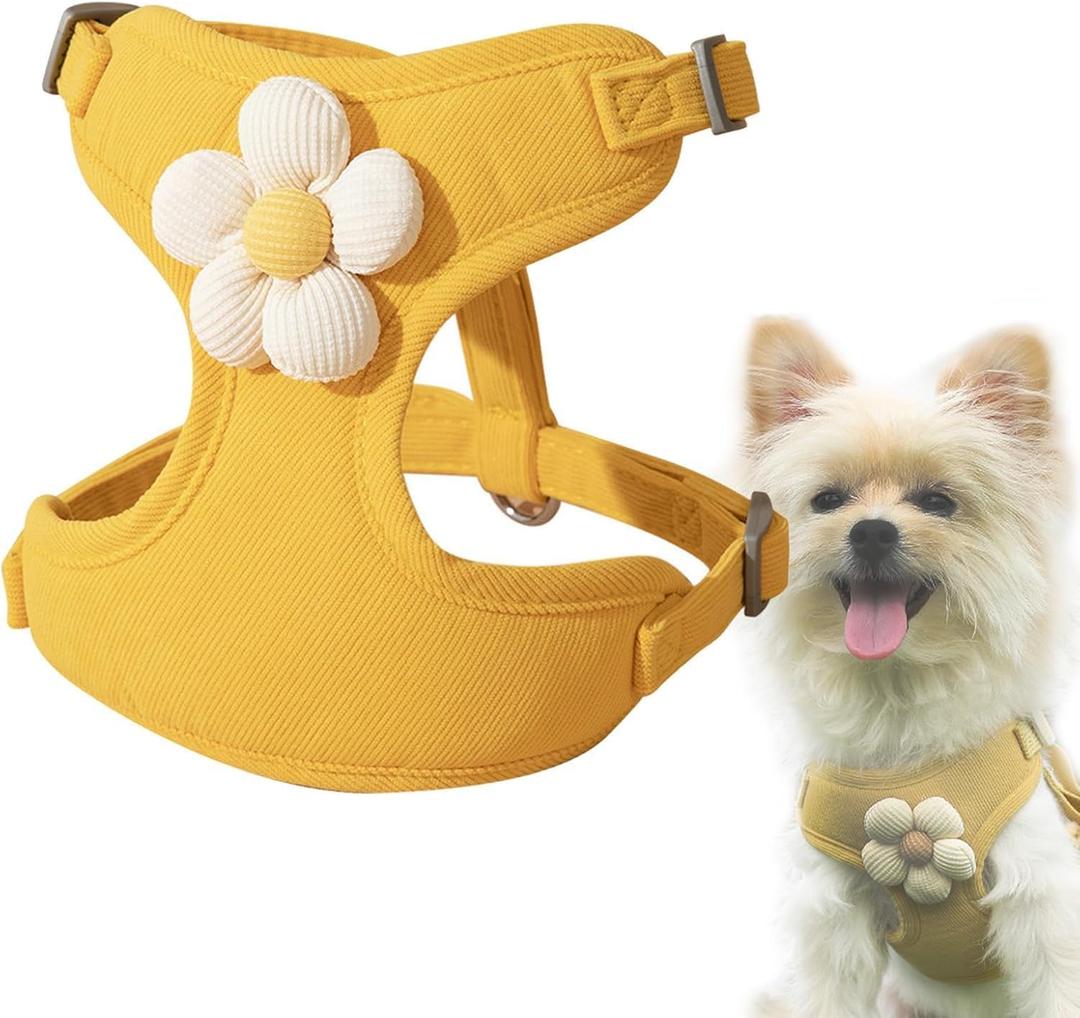 Cute Small Dog Harness with Daisy Embroidery, Breathable Dog Vest Adjustable Pet Puppy Harness Suitable for Walking, Running, Training, Everyday Wear (Yellow) S
