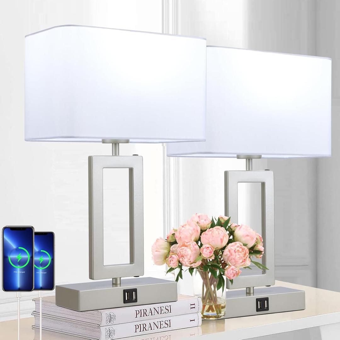 Table Lamp Set of 2 Lamps for Bedroom, Touch Control Table Lamps with 2 USB Ports, 3-Way Dimmable Bedside Nightstand Lamps, Silver&White Lamp for End Table Living Room Modern (Medium) White&Silver