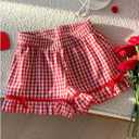 SOLY HUX Women's Plaid Print Shorts Elastic Waist Bowknot Ruffle Bottoms Cute Sweet Short Pants (Red, S)