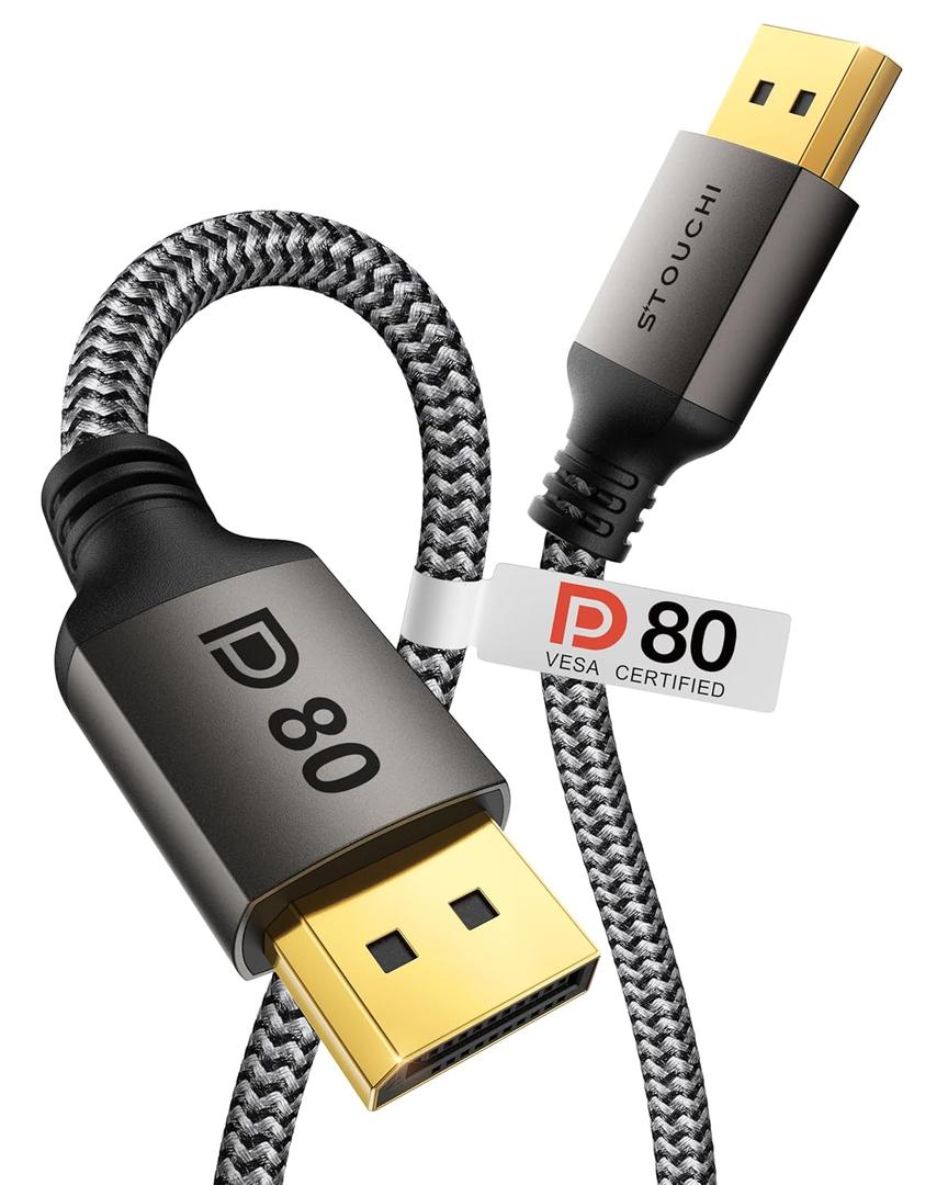 Stouchi VESA Certified DisplayPort 2.1 Cable 1.5FT, 80Gbps UHBR20 [16K 8K 4K@540Hz] Short DP Cord, Support FreeSync G-Sync, DSC 1.2a, Snag-Free Connector for RTX 5090/4090, RX 9070,Gaming Monitor