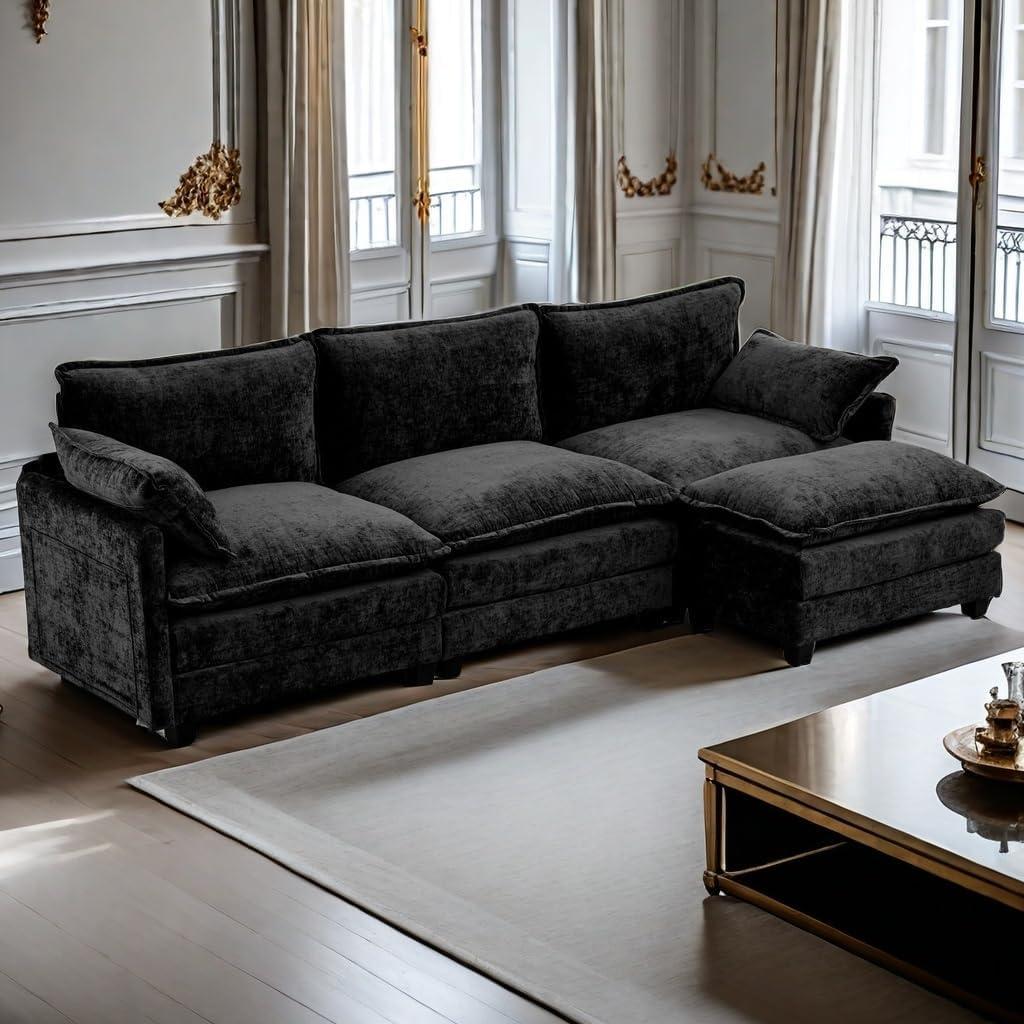 Modular Sectional Couch, Comfy Cloud Couchs with Ottoman/Pillows, 113" 3-Seat Sleeper Deep Seat Sofa, L Shaped Sectional Couch for Living Room, Bedroom, Apartment, Black