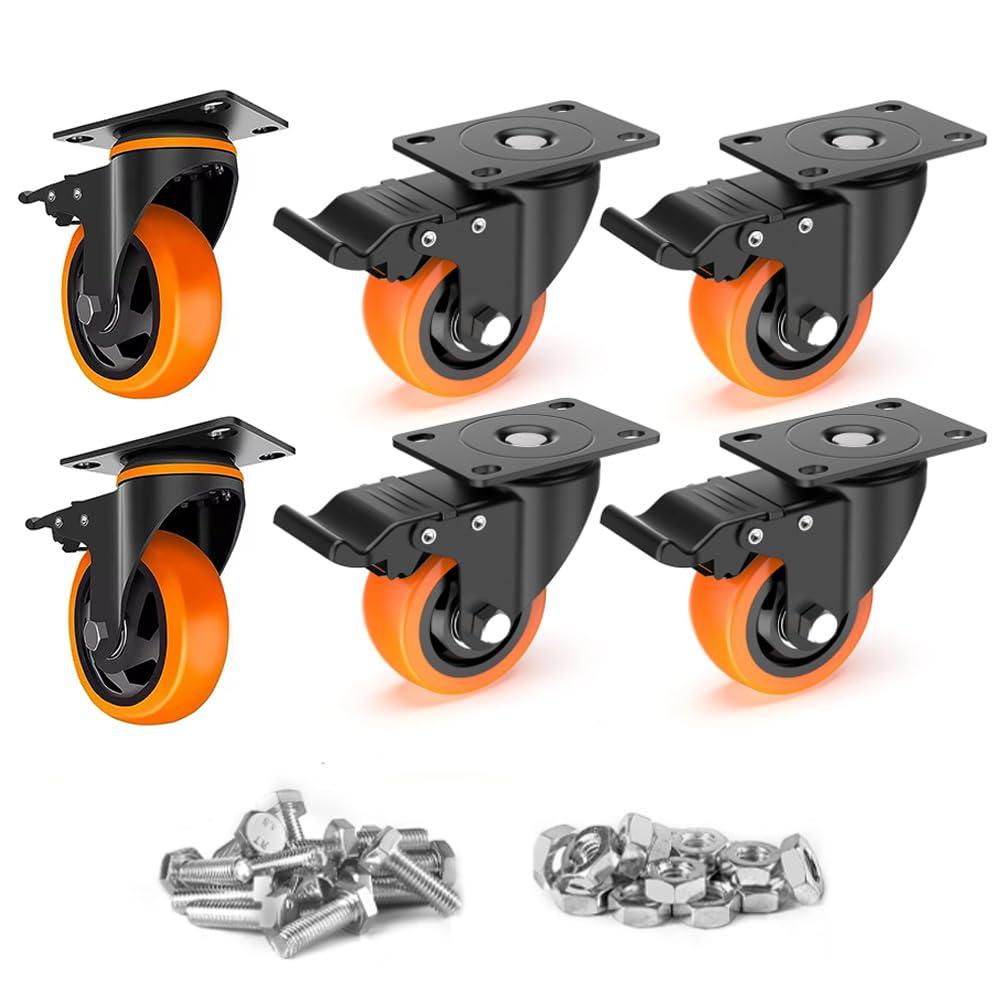 5 Inch Caster Wheels with Safety Brake 4000Lbs, Heavy Duty Casters Set of 6, Industrial Swivel Casters with Double Ball Bearings, Polyurethane No Noise Wheels for Cart, Furniture (orange)