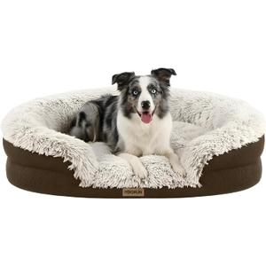 Fluffy Orthopedic Dog Bed for Medium & Large Dogs, Calming Plush Sofa Bed with Curved Bolster Support and Egg-Crate Foam Base, 43" Cozy Oval Pet Donut Bed with Washable Cover, Coffee
