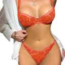 Lilosy Sexy Floral Lace Scallop Underwire Push Up Sheer Lingerie Set Outfits (Orange, S)