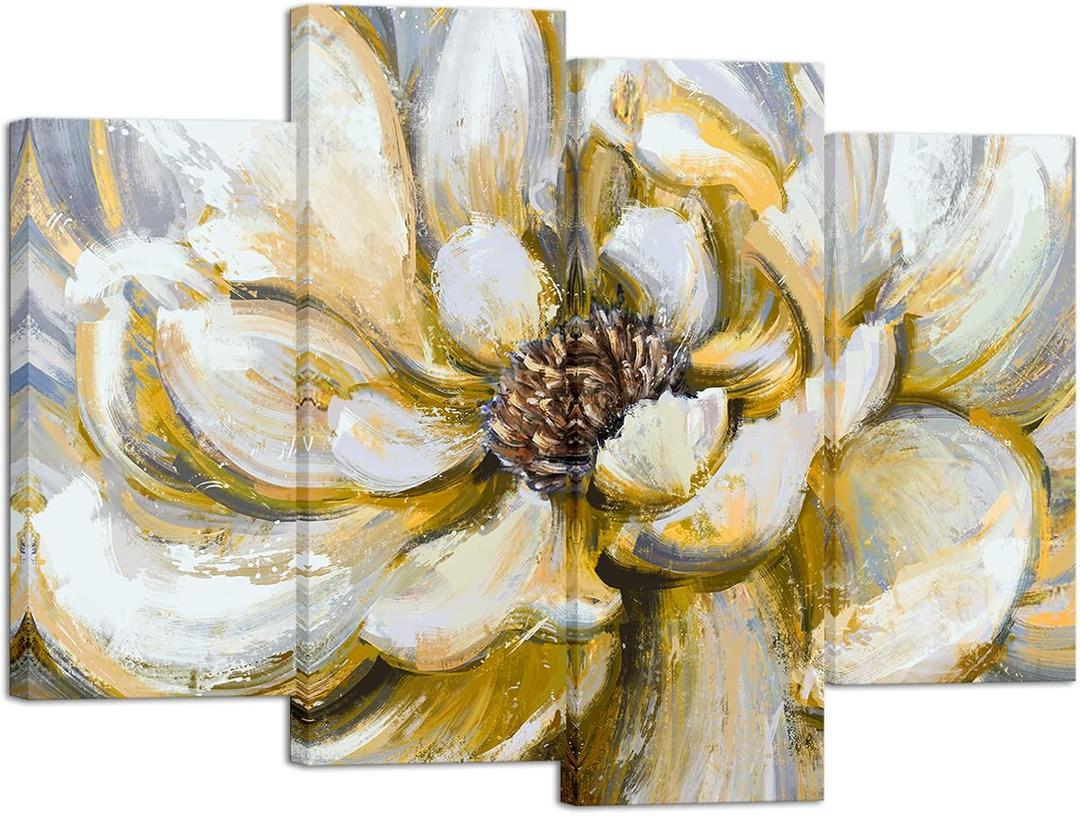 HOMEOART Yellow Flower Painting Living Room Wall Decor Floral Picture Canvas Art Prints Framed Large 4 Panels Bedroom Kitchen Decoration 48" Wx34 H