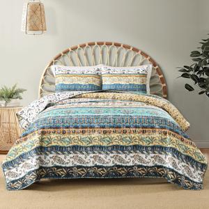 Boho Style King Quilt Set Yellow Bohemian Floral Strip Quilt Beddding Set, Soft and Lightweight Bedspread for All Season, Oversize King Bed Coverlet with 2 Matching Pillow Shams (3 Pieces)