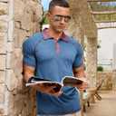 Lexiart Men's Casual Polo Shirt Short Sleeve Raglan Classic Button Golf Collared Tops Contrast Color (Blue, M)