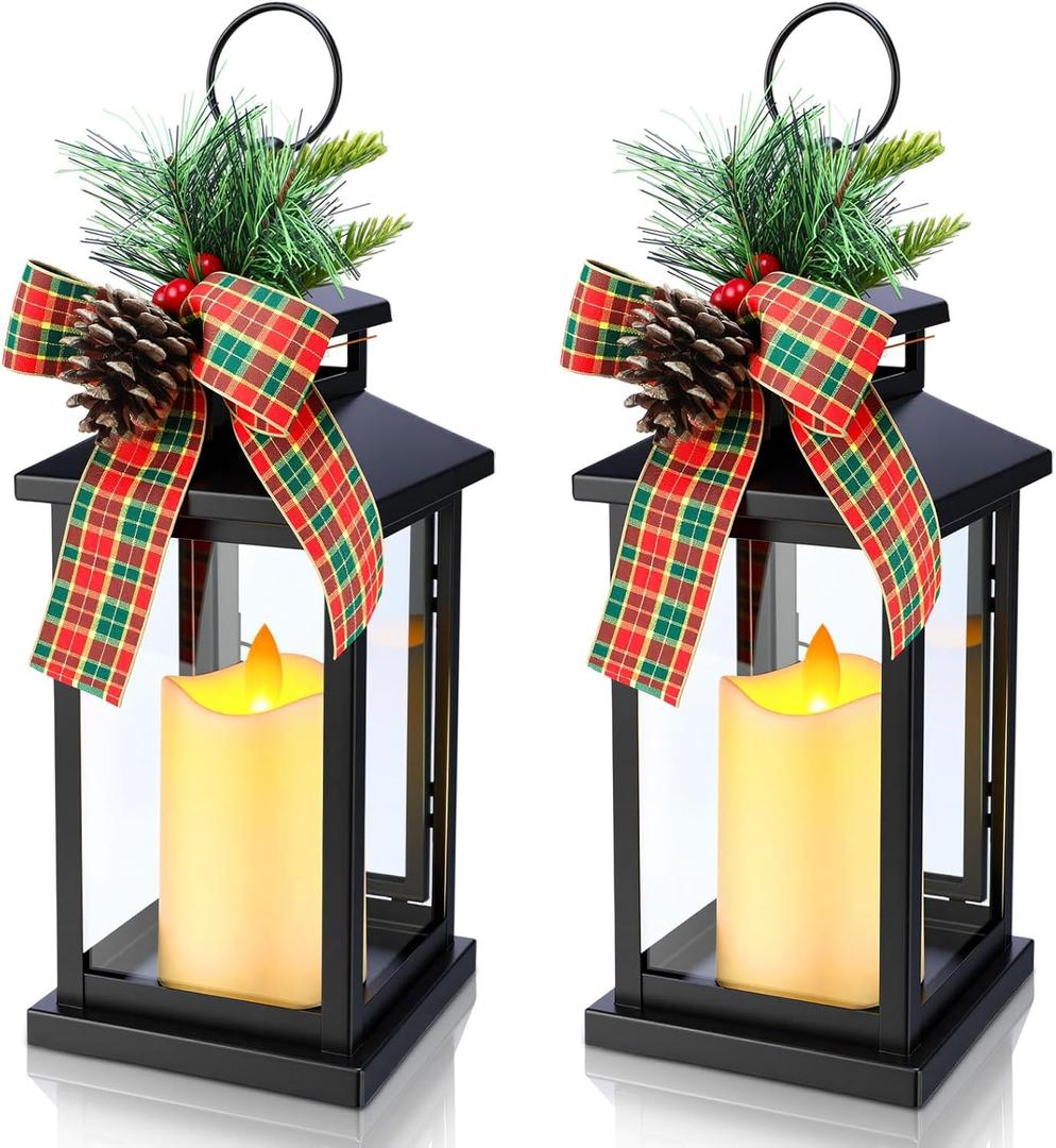 2 Pcs 14 Inch Christmas Lanterns Decorative Outdoor for Porch with LED Candle Pine Cones Holly Berry Metal Hanging Vintage Lantern with Plaid Ribbon Bow for Indoor Home Table Deco(Berry)