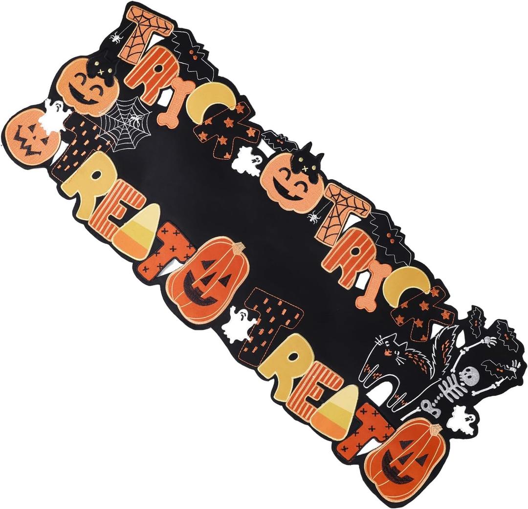 Embroidered Halloween Table Runner Skeleton Spooky Black Cat 72 Inches Long Ghost Skull Cutout Spider Web Pumpkin Coffee Dining Table Runner for Party