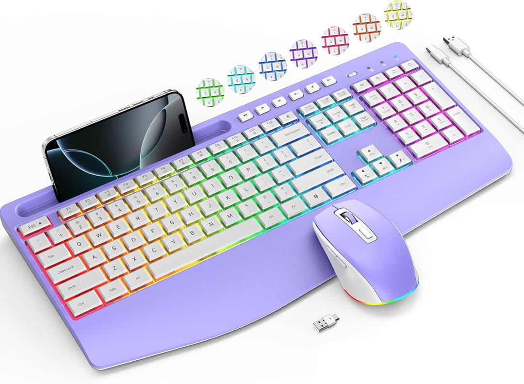 Wireless Keyboard and Mouse Combo- VEILZOR 2.4G Rechargeable Keyboard with Phone Holder, Ergonomic Wrist Rest, 9 RGB Backlit Effects, Silent Keyboard Mouse Set for Windows, Laptop, PC (Purple)