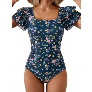 Eomenie Women's Tummy Control One Piece Swimsuit Ruffle Square Neck Bathing Suit Ruched Cutout Back Slimming Swimwear, Size: XL