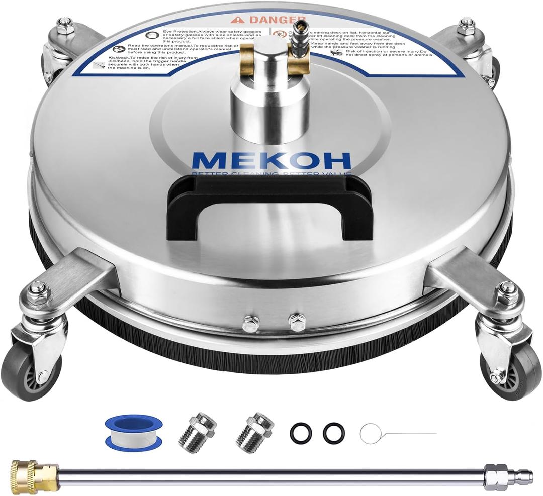 MEKOH 14" Pressure Washer Surface Cleaner 4500PSI, 4 Wheels Stainless Steel Power Washer Attachment for Driveway Sidewalk Patio Concrete, 1/4'' Quick-Connect, 1 Extension Wand & 2 Replacement Nozzles