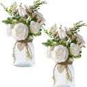 2 Packs Faux Flowers in vase,Fake Flowers with Vase, Artificial Silk Roses in Vase, Artificial Flowers in Vase, Faux Flower Arrangement with Vase for Farmhouse (White with vase)