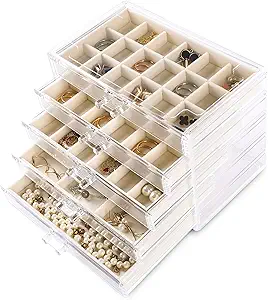 Frebeauty Acrylic Jewelry Organizer Earring Organizer Box with 5 Drawers Earring Holder Organizer with Velvet Trays Clear Jewelry Box for Women Earring Display for Rings Studs(Beige)