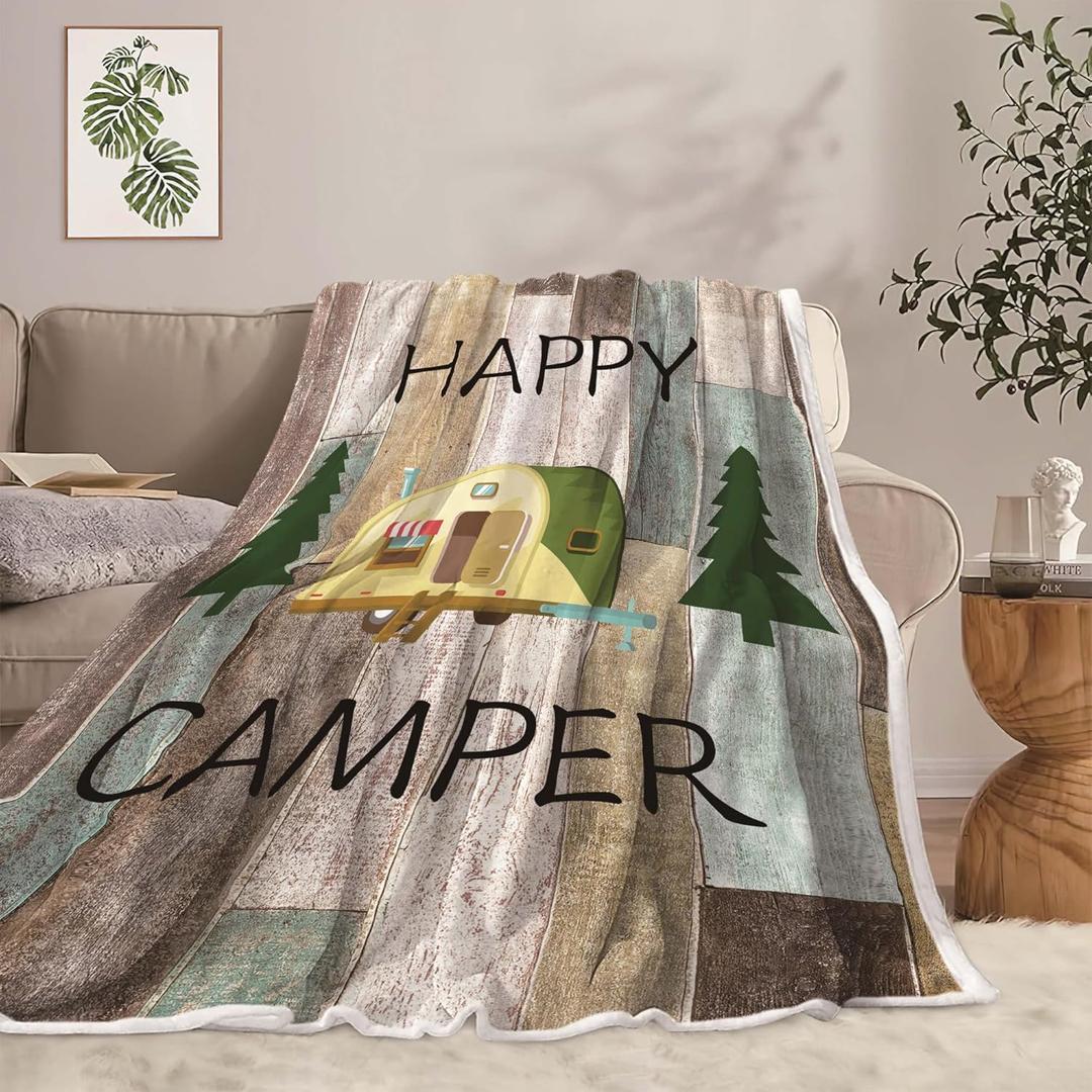 Camping Throw Blanket, Camping Gifts for Camper Outdoor Travel Trailer Blanket, Super Soft Comfy Fleece Flannel Throws Blankets for Couch Bed Sofa Living Room Bedroom Decor Green 50x60 Inch
