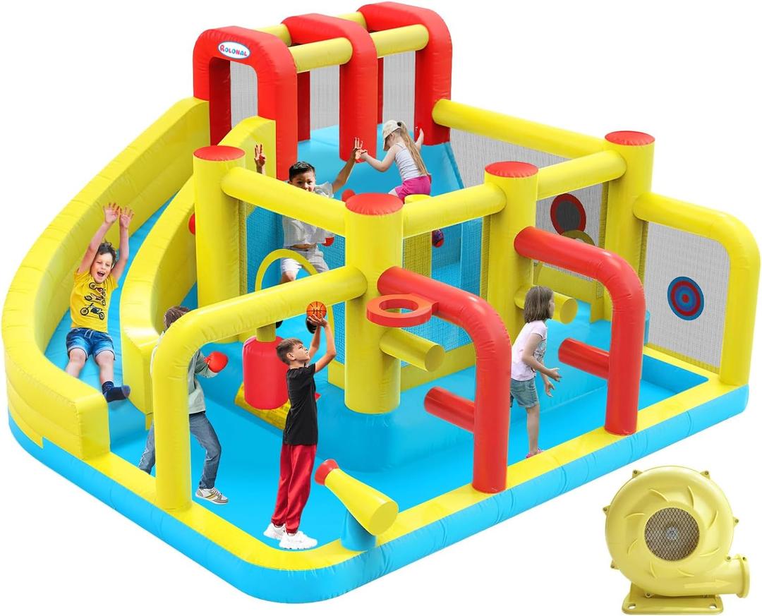 Inflatable Bounce House Water Slide,12.5ft x 11.4ft,Long Slide,Basketball Hoop,Fun Central Obstacle,Throw Ball Game,Tunnels, Climbing,Water Cannon,Inflatable sandbags.
