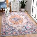 Area Rugs 5x7 Machine Washable Non-Slip, Vintage Distressed Floral Print Rug for Living Room, Ultra Soft Low Pile Carpet for Bedroom, Dining Room, Kitchen, Blue