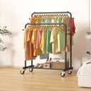 Laiensia Double Rods Garment Rack with Wheels, Clothing Rack for Hanging Clothes,4 Hooks, Multi-functional Bedroom Clothes Rack, Black