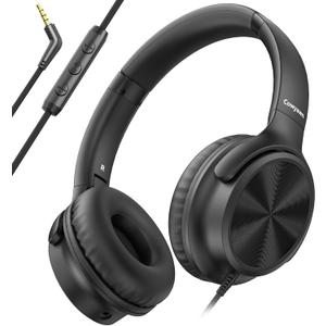 Over Ear Headphones Wired, 3.5mm Foldable Wired Headphones with Microphone, Volume Control, HD Stereo Sound, Lightweight Headphones for Adult/Teens/Chromebooks/Laptop/Computer/Tablets, Black