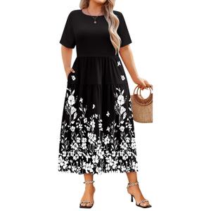IN'VOLAND Womens Plus Size Maxi Dresses Summer 2026 Casual Short Sleeve with Pockets Long Dress 5X Black Flower
