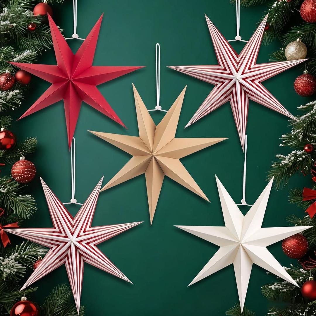 5 Pcs 7-Pointed Paper Star Lanterns 12 Inch Red and White Christmas Hanging Stars 3D Paper Star Ornaments Foldable for Wedding Birthday Xmas Home Party Decor