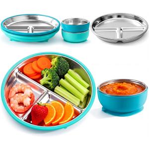 Havawish 4 Pcs Stainless Steel Baby Plate and Bowl with Suction, 8.3" Kid Divided Plate 4" Toddler Bowl with Removable Silicone, BPA-free Non-slip Baby Feed Set Dishwasher Safe for Boy Girl (Cyan)