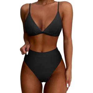SUUKSESS Women High Waisted High Cut Bikini Set Sexy Triangle Two Piece Swimsuits (Large, Black)