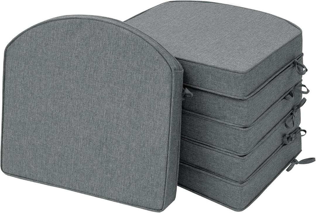 Outdoor Chair Cushions, Fade-Resistant & Water-Resistant, D Shaped Patio Furniture Seat Chair Pads Replacement with Ties, Non-Slip Bottom, Removable Cover, Set of 6, 18.5 x 16 Inch, Dark Grey, 18.5" x 16" 6 Pack