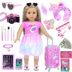 29 Pcs American 18 Inch Doll Clothes and Accessories Travel Suitcase Set Designed for 18" Dolls Including Pillow, Sunglasses, Camera, Passport, Phone, Laptop etc