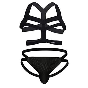 SDGTMJSY Men Brazilain Bikini Brief Underwear Men Sexy Elastic Body Chest Harness Jockstrap Lingerie Set Black, Large 