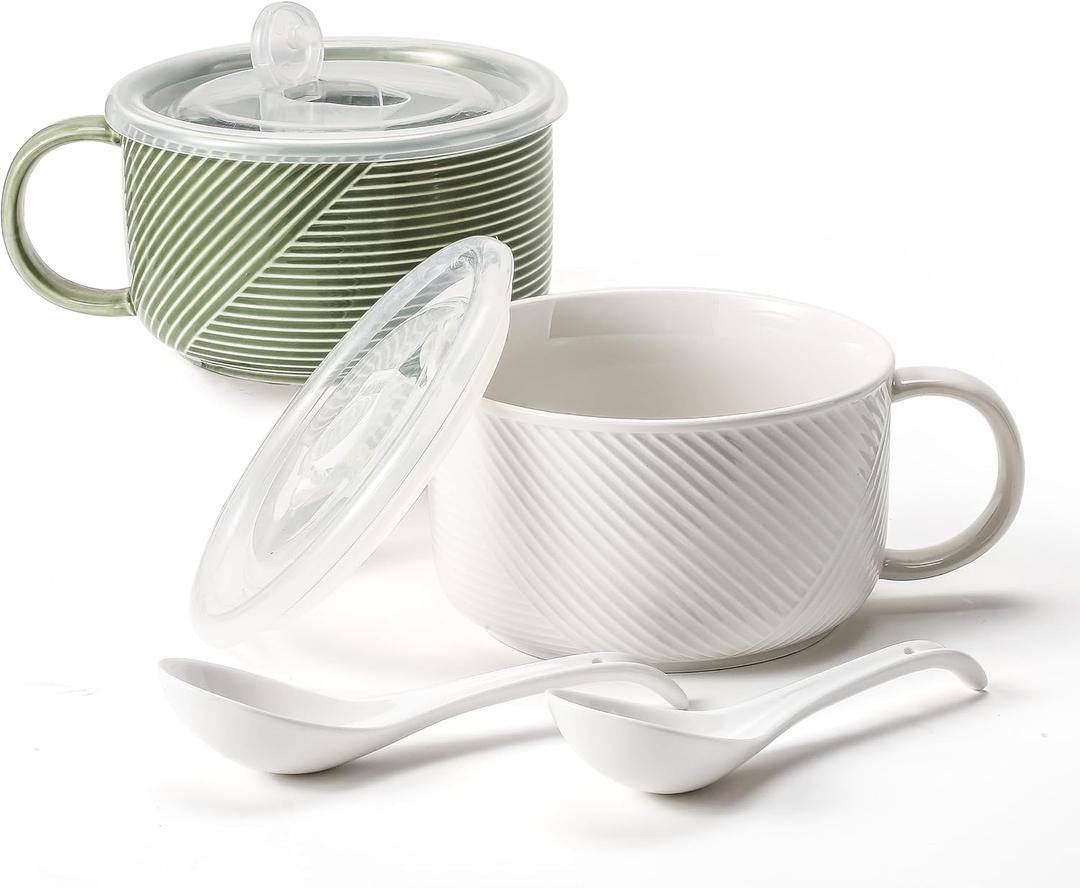Ceramic Soup Bowls with Lids: 38 Ounce Extra Large Soup Mug with Handle & Spoon - Oversized Microwave Ramen Bowl Set of 2, 6 Inch, Green & White